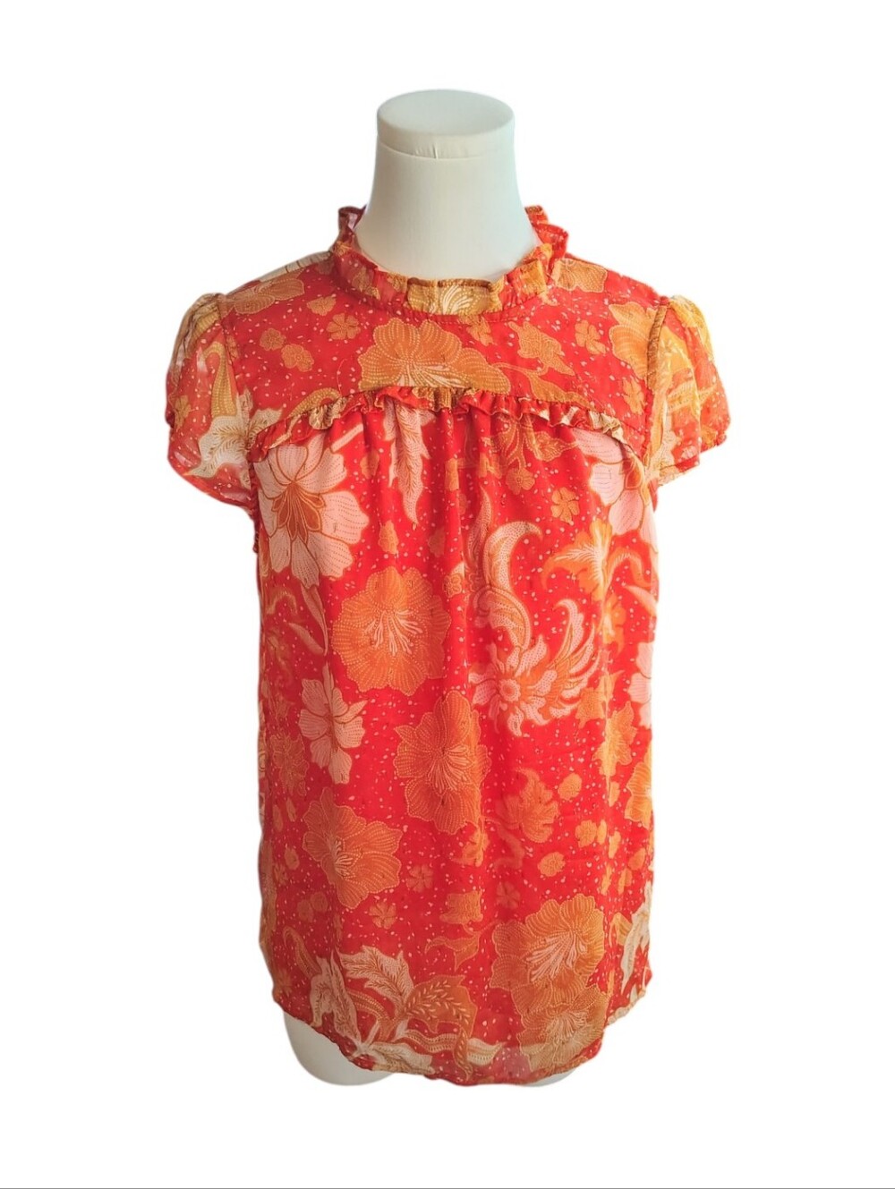 Joie Victorian Bright Orange and Gold Floral Keyhole Ruffled Blouse Size Medium